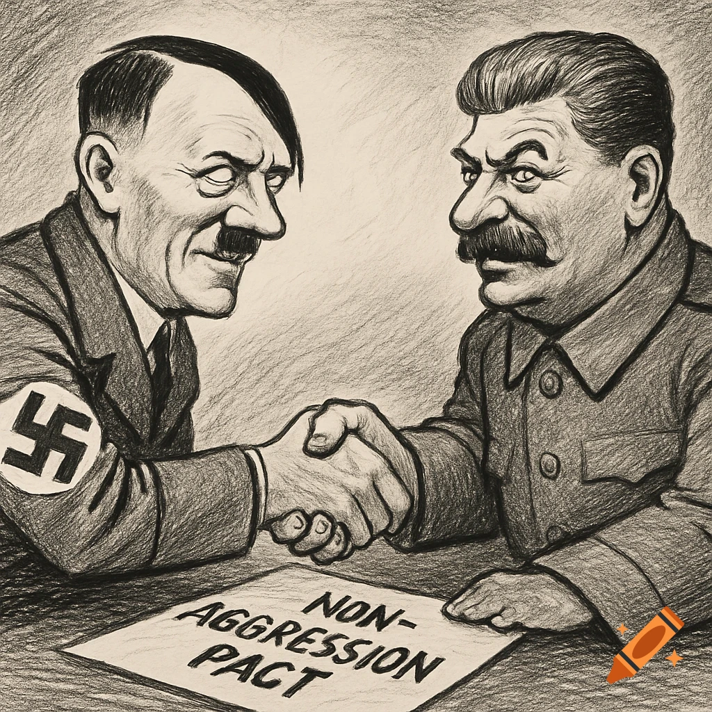 Sketch of Hitler and Stalin shaking hands over a document labeled 'Non-Aggression Pact'.