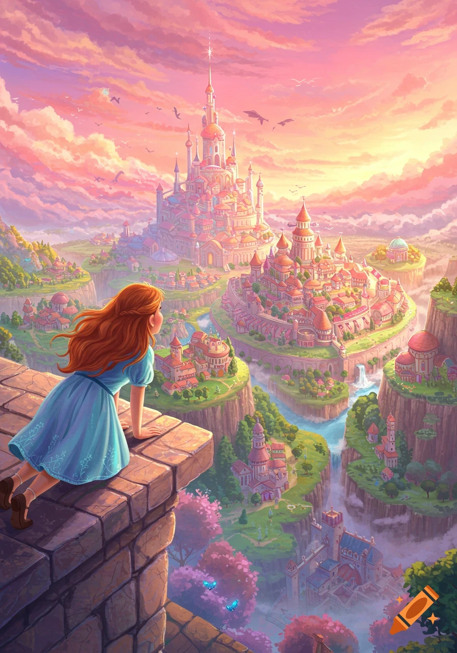 A digital painting of a girl on a ledge looking out at a vast fantasy kingdom under a colorful sky.