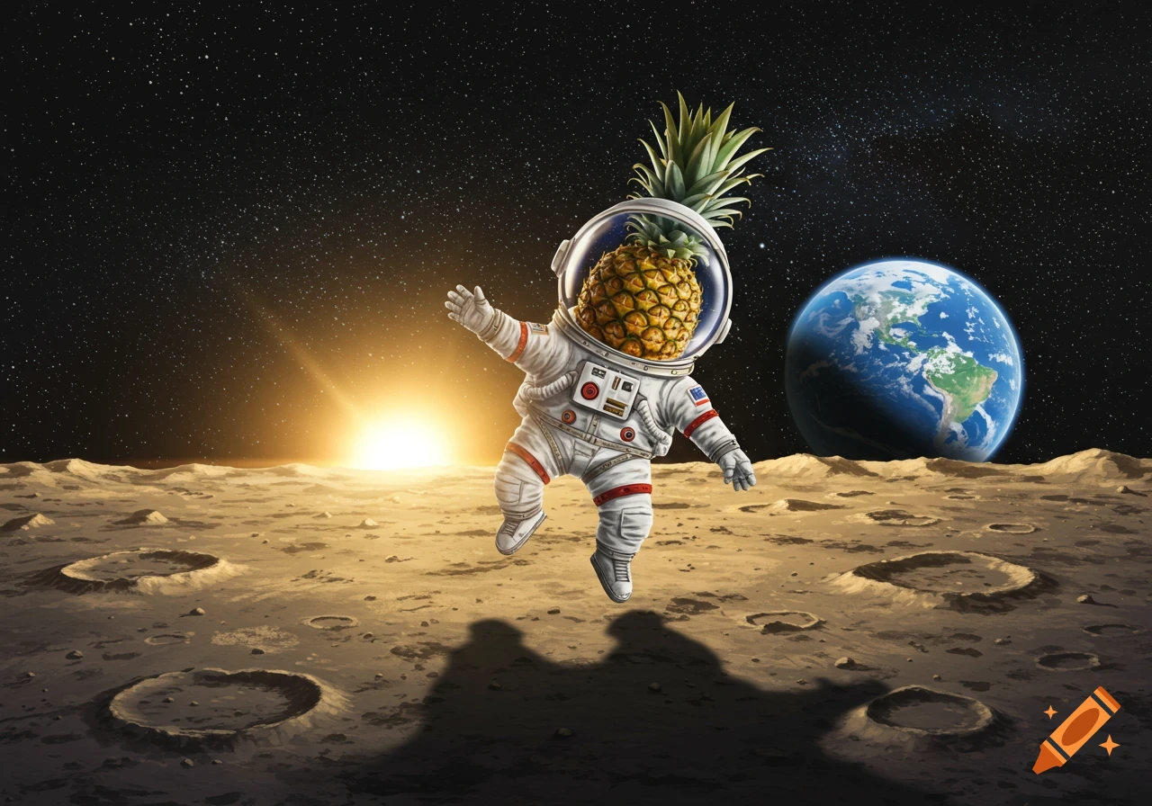 An illustration of a pineapple in a spacesuit floating above the moon surface with Earth and a sunrise in the background.