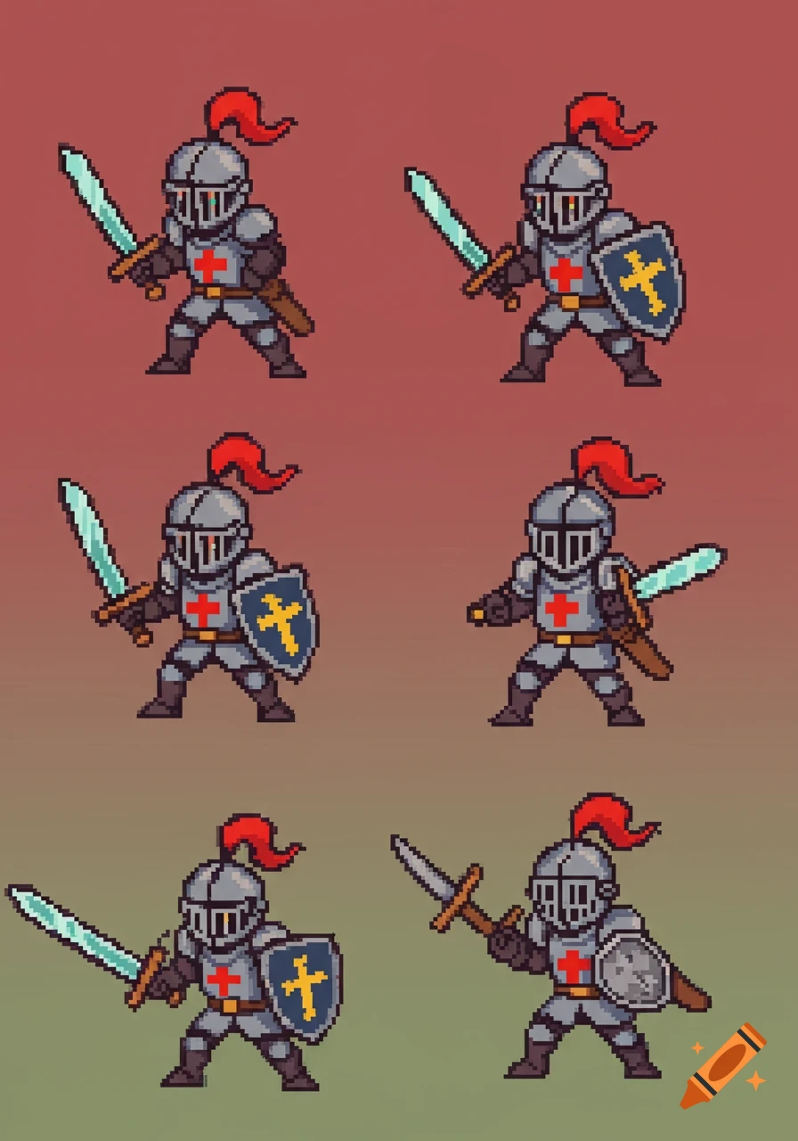 Six pixel art knights in silver armor with crosses and shields, in various poses.