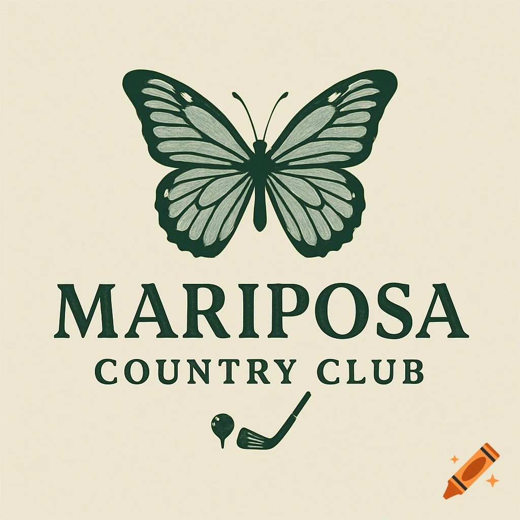 Logo with a butterfly, text 'Mariposa Country Club', and golf elements on a light background.