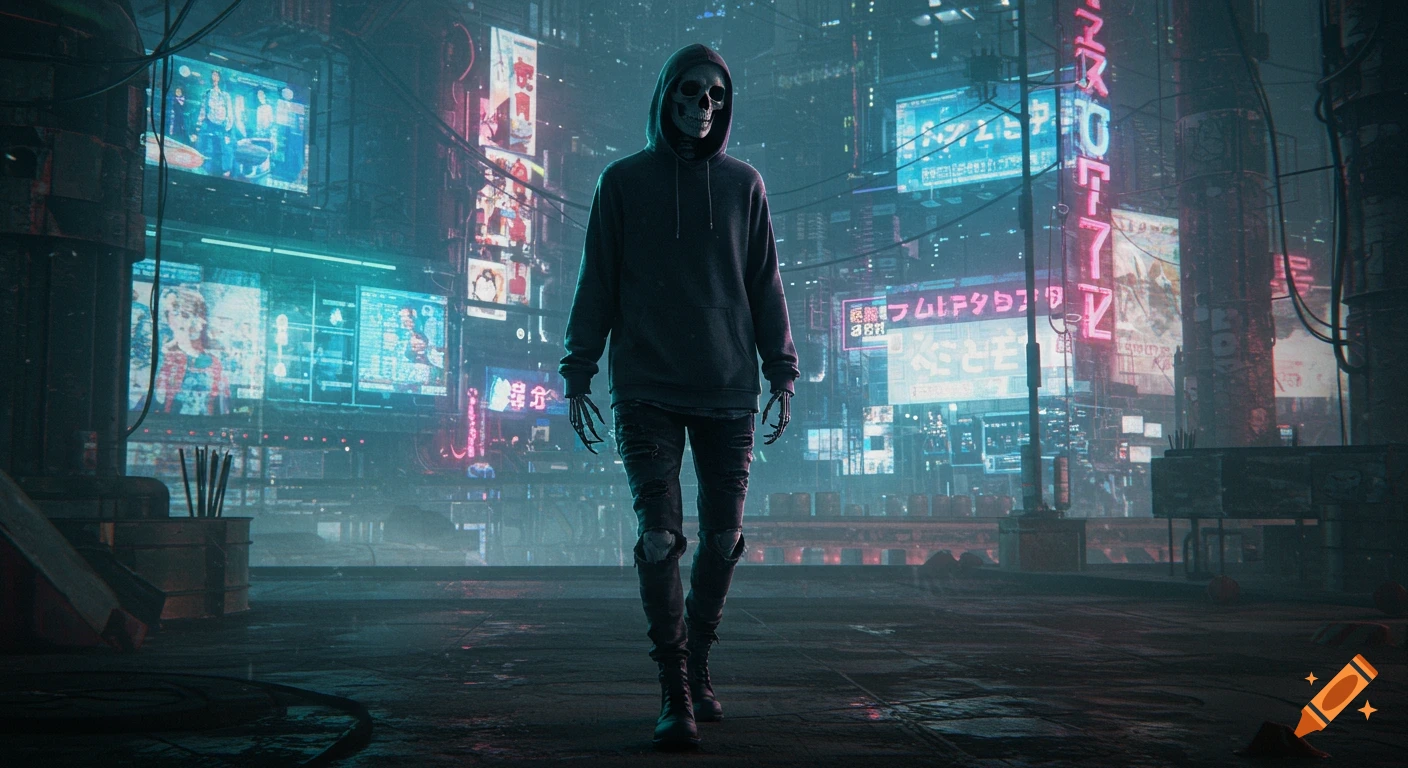 A skeleton in a black hoodie walks through a neon-lit cyberpunk city street.