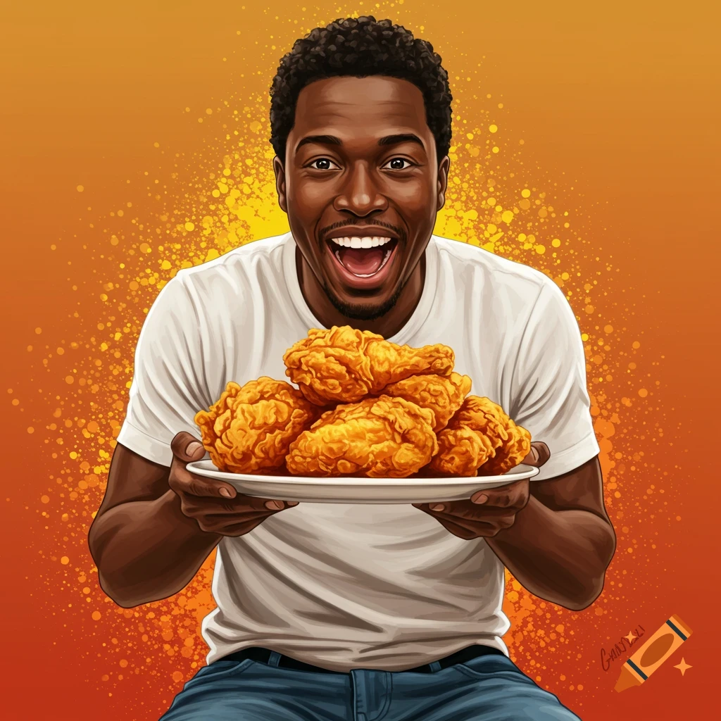 Excited man holds a plate of fried chicken. Illustration.
