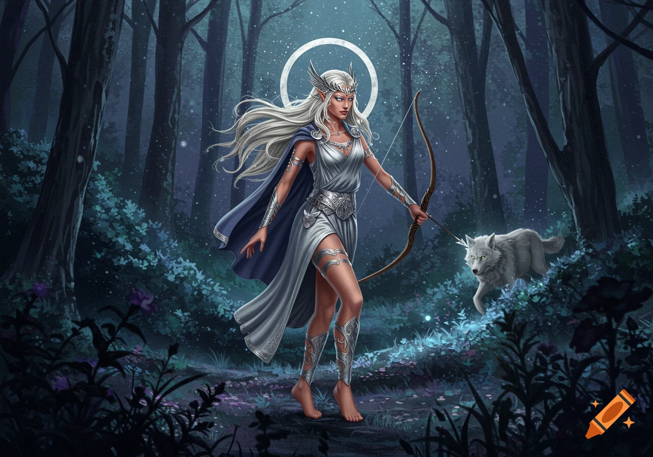 An elf huntress with a bow stands in a dark forest next to a white wolf. A circle of light is behind her head.