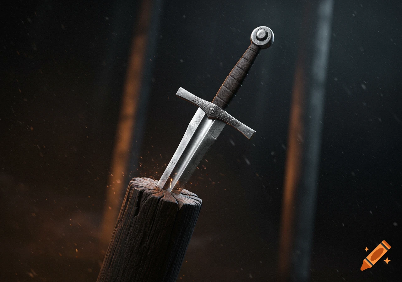 A medieval sword stuck upright in a wooden pole with dramatic lighting and particles.