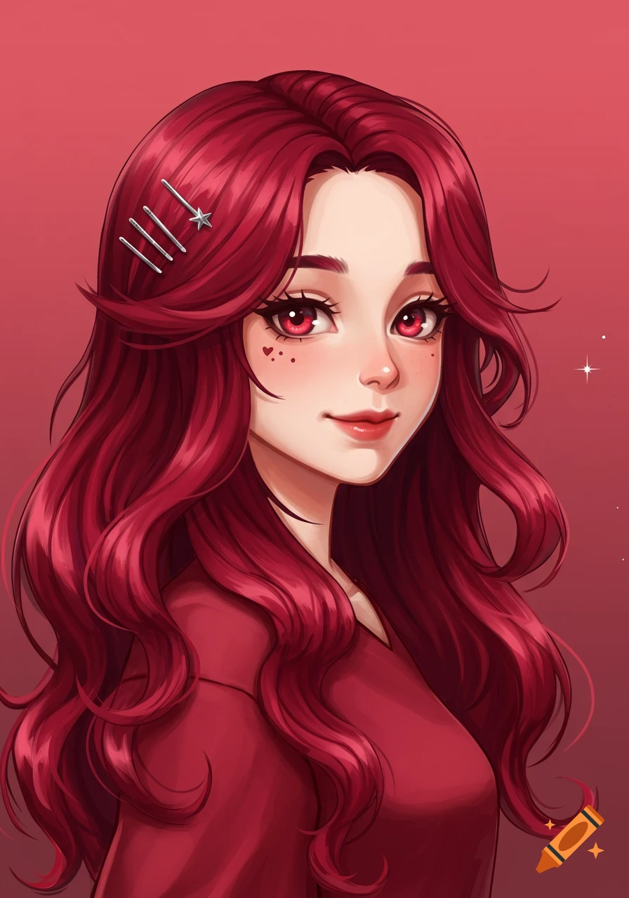 A young woman with long red hair, red eyes, freckles, and silver hairpins.