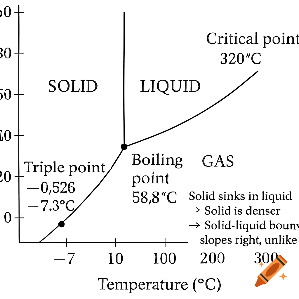 A phase diagram showing solid, liquid, and gas states with triple and boiling points labeled.