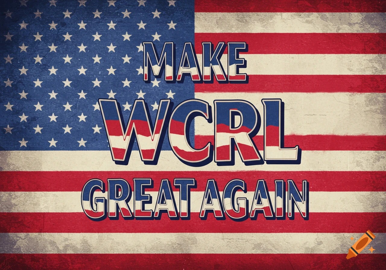 Distressed American flag with 'MAKE WCRL GREAT AGAIN' text overlay.