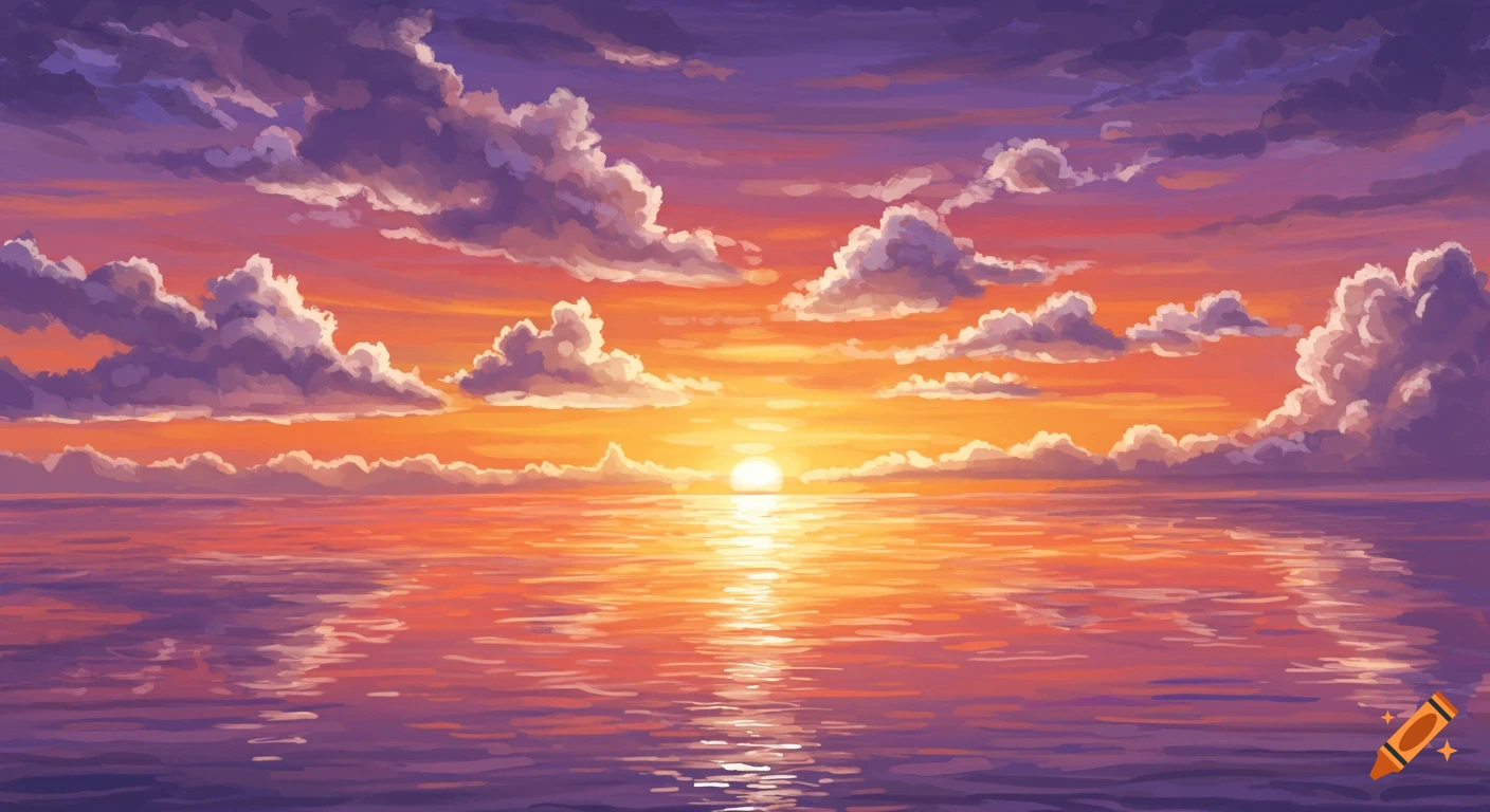 Stylized digital art painting of a vibrant sunset over the ocean with clouds.