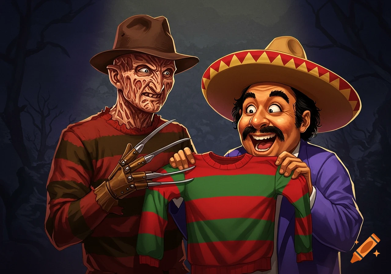 Freddy Krueger and El Guapo holding a sweater.