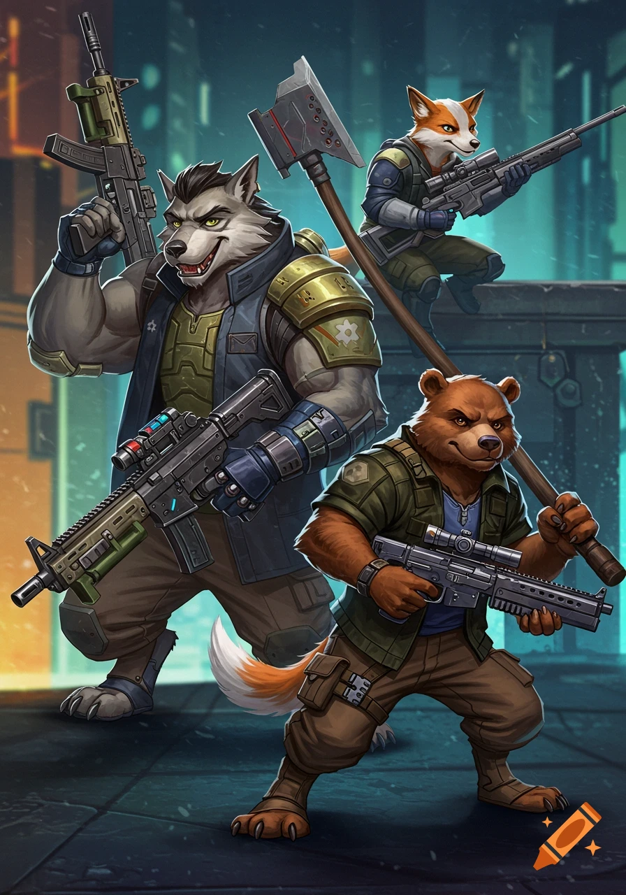 Three furry mercenaries (wolf, bear, fox) with weapons in an urban setting.