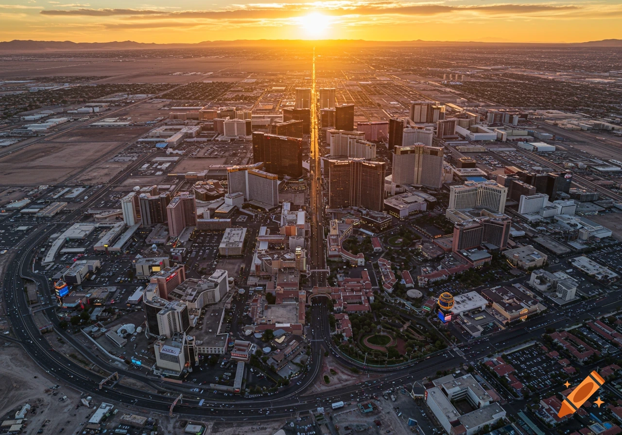 Aerial view of a wide city street lined with tall buildings during sunset