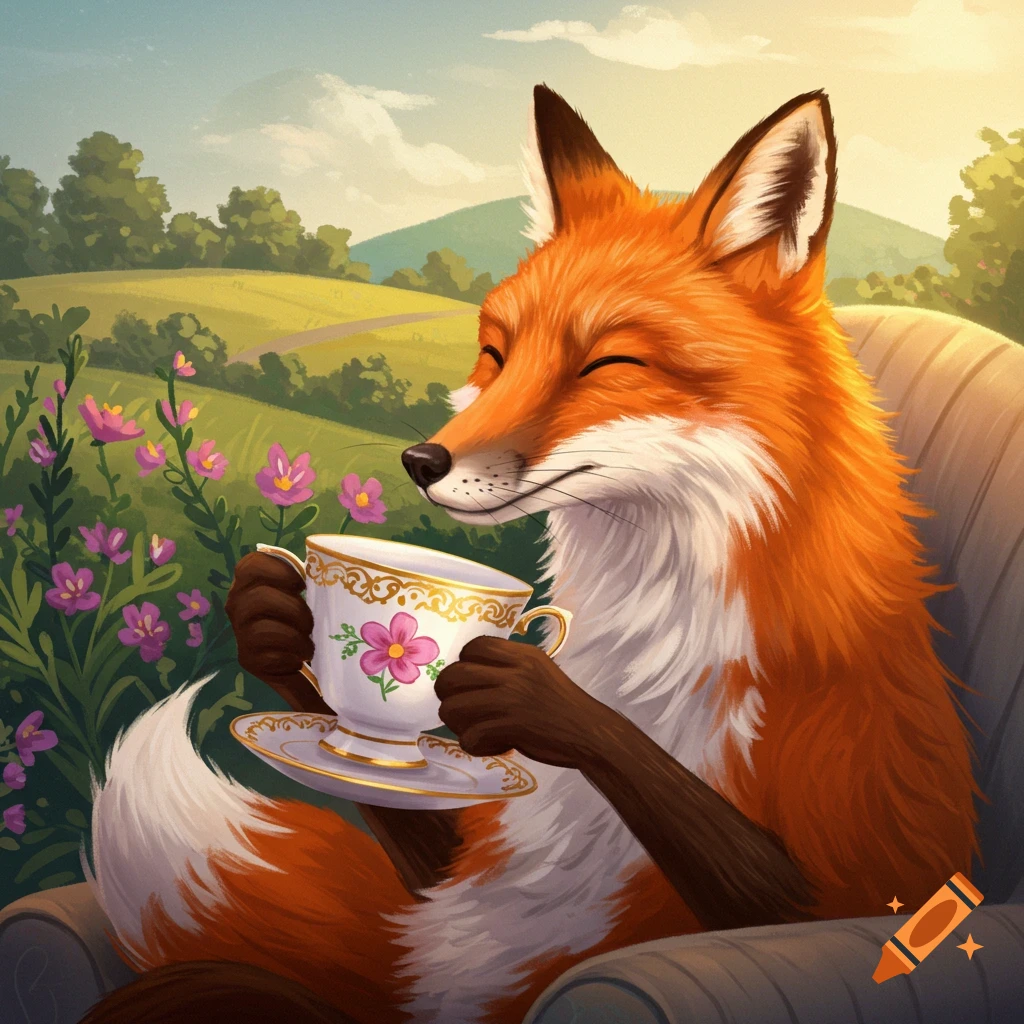 A fox drinking tea in a sunny field.