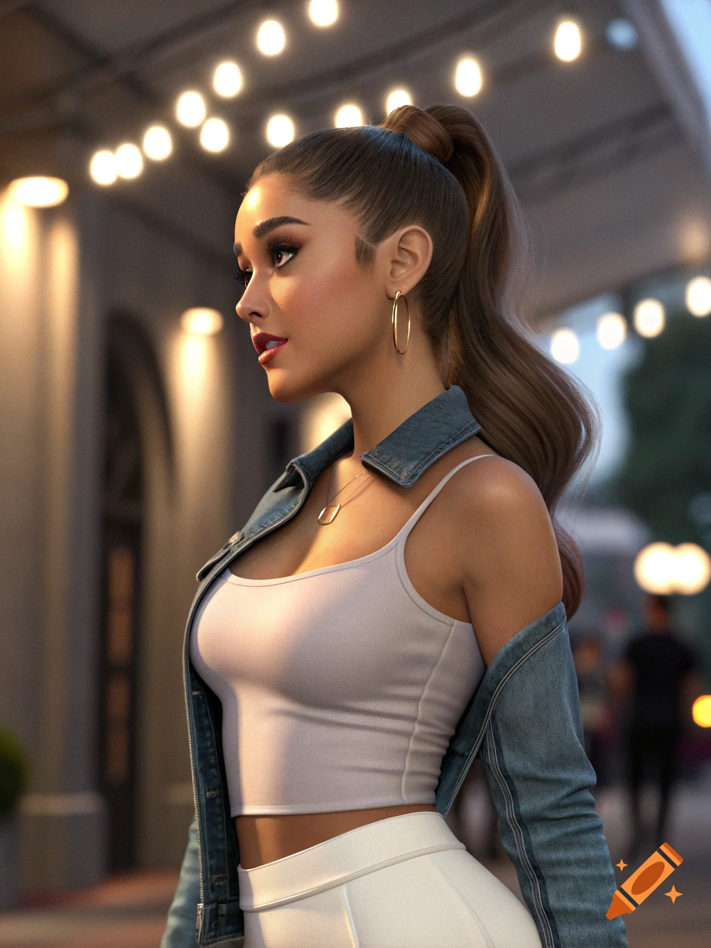 A detailed 3D rendering of a woman with a ponytail and hoop earrings wearing a crop top and denim jacket outdoors at night.