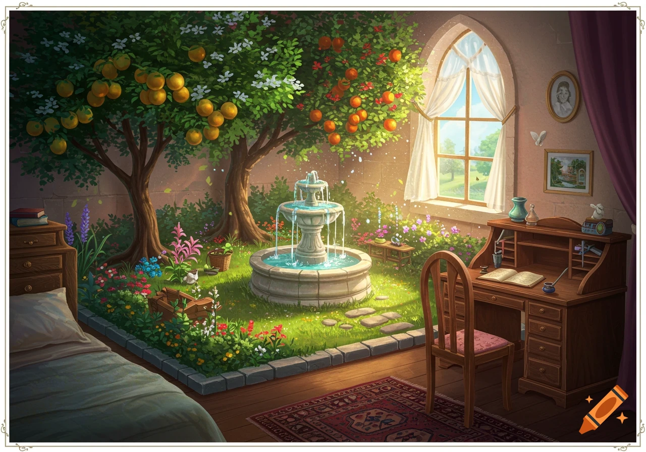 A bedroom with an indoor garden, fruit trees, fountain, flowers, and a desk.