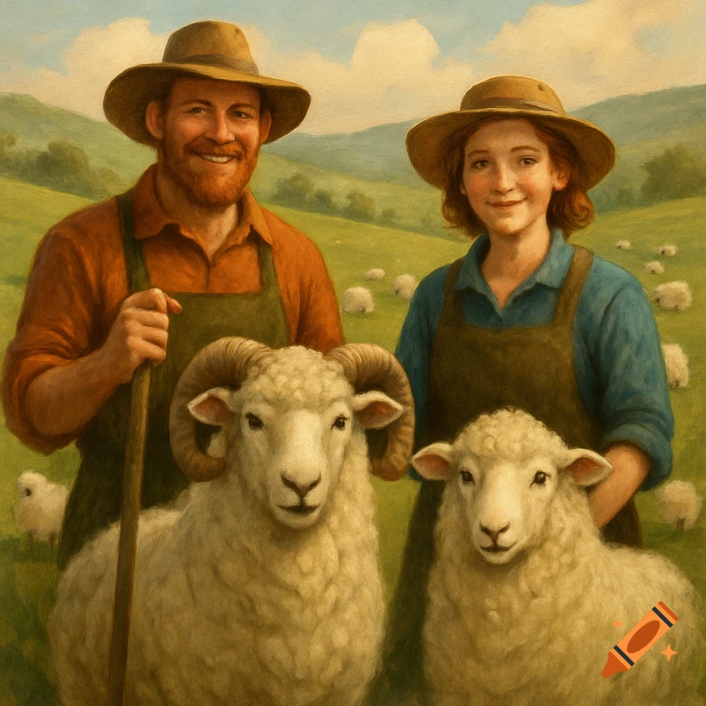Painting of two farmers and two sheep standing in a grassy field with hills.