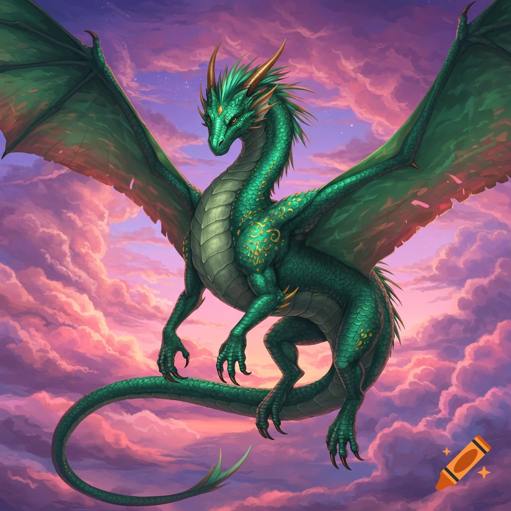 A green dragon flies through a cloudy purple and pink sky.