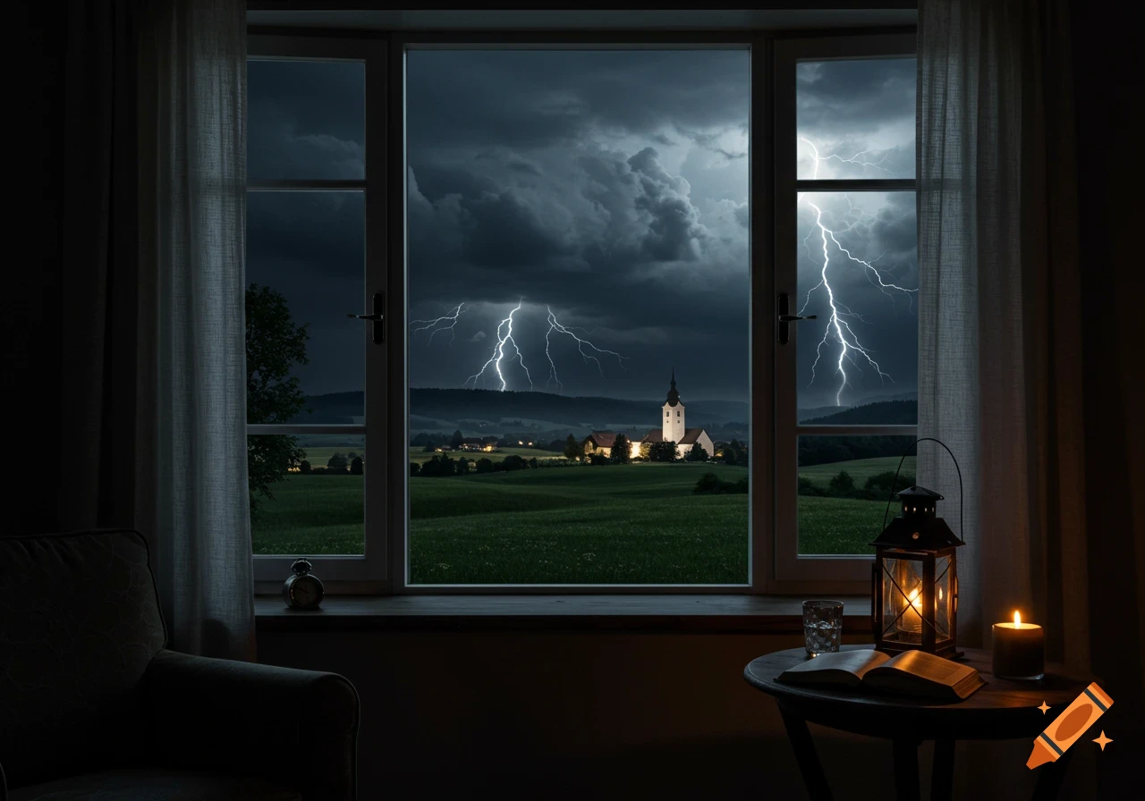 View from a window of a stormy night with lightning over an Austrian countryside village and church; indoor scene with a book and lit lantern.