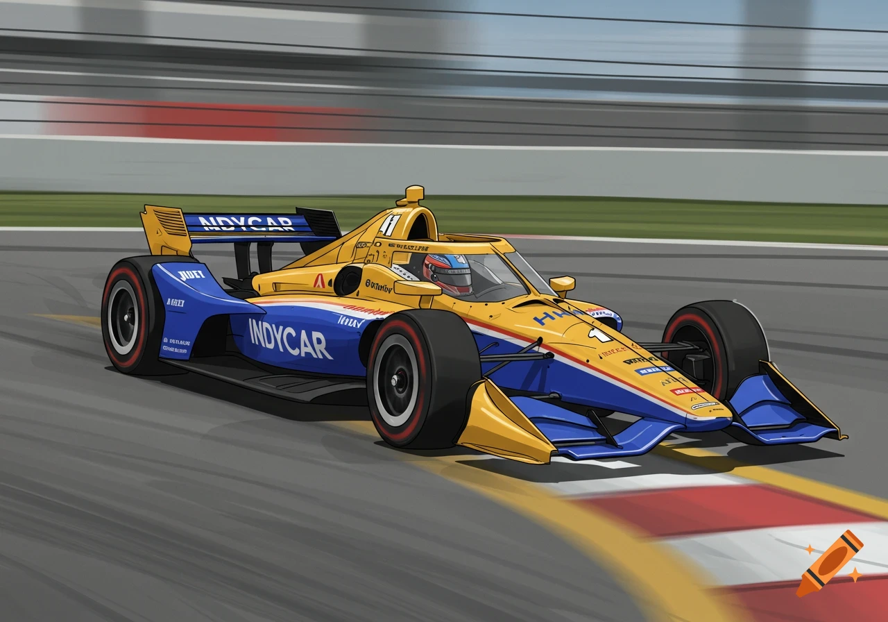 An illustration of a blue and yellow IndyCar racing car on a track.