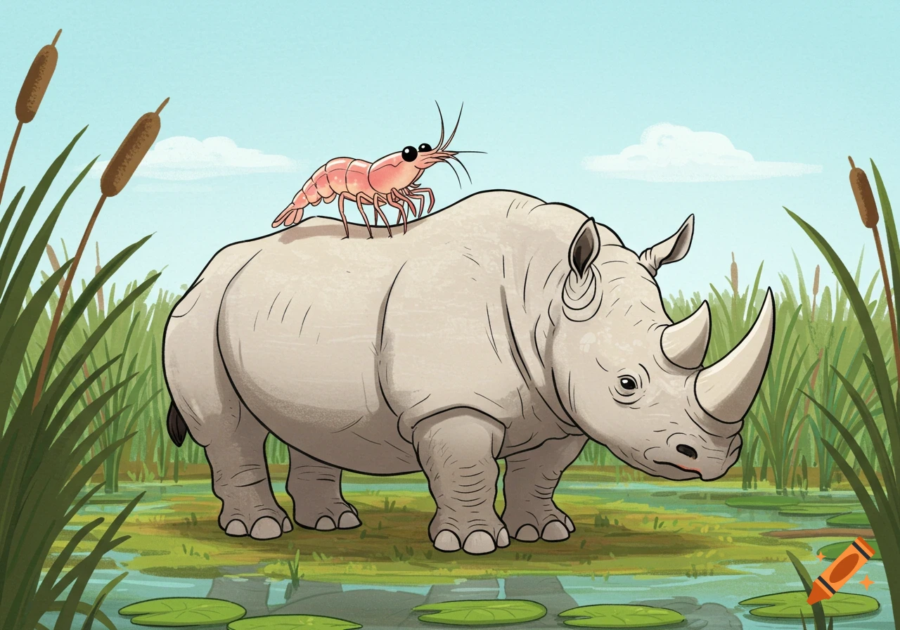Cartoon of a pink shrimp riding on the back of a white rhino in a marsh.