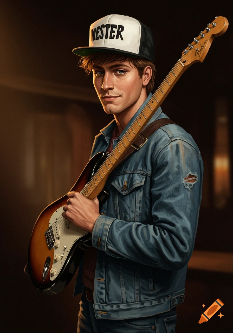 A young man in a hat and denim jacket is holding a guitar