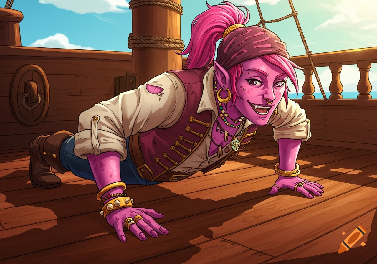 A pink-skinned fantasy pirate character does push-ups on a ship deck. Digital art.