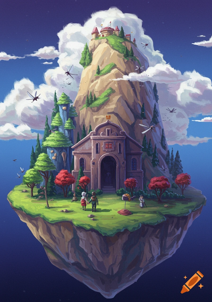 A fantasy illustration of a large building and trees on a floating island with small figures and flying creatures.