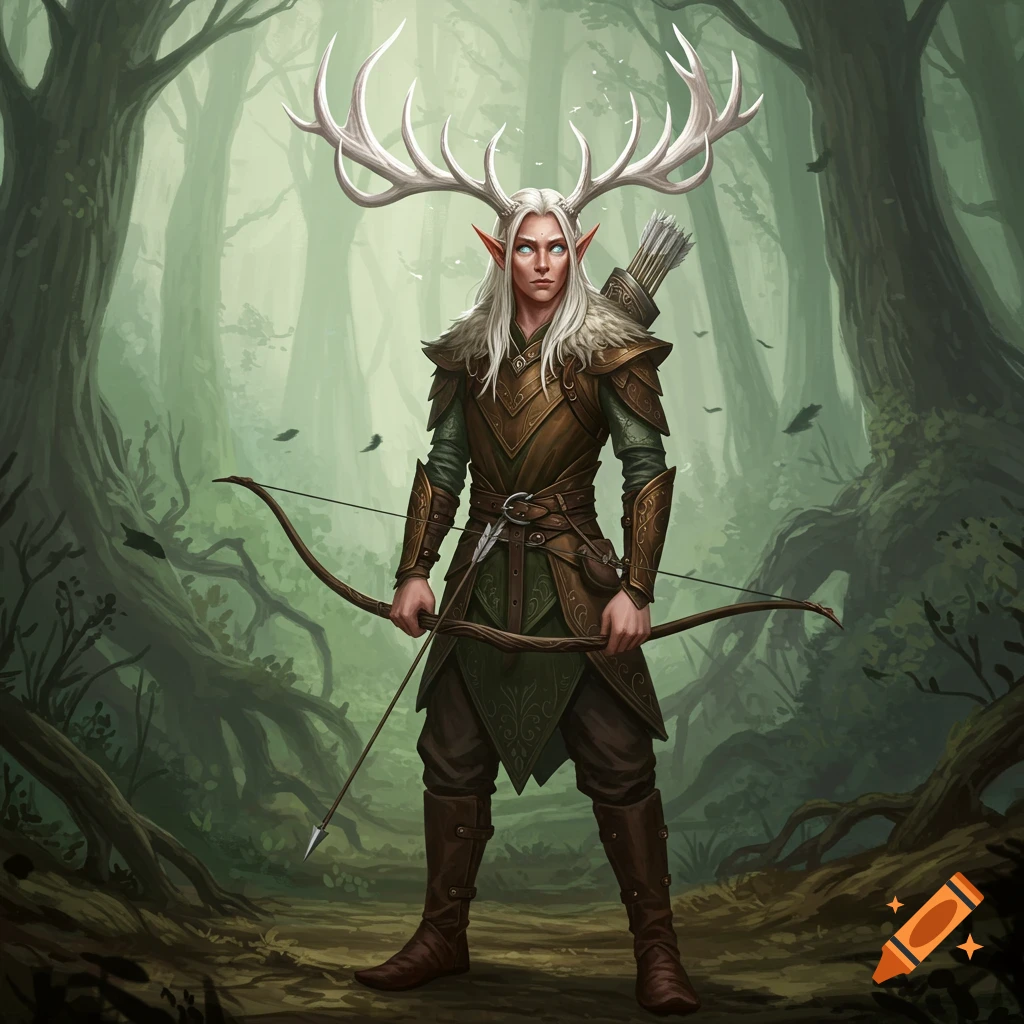 A fantasy elf with large white antlers holds a bow and arrow in a forest.