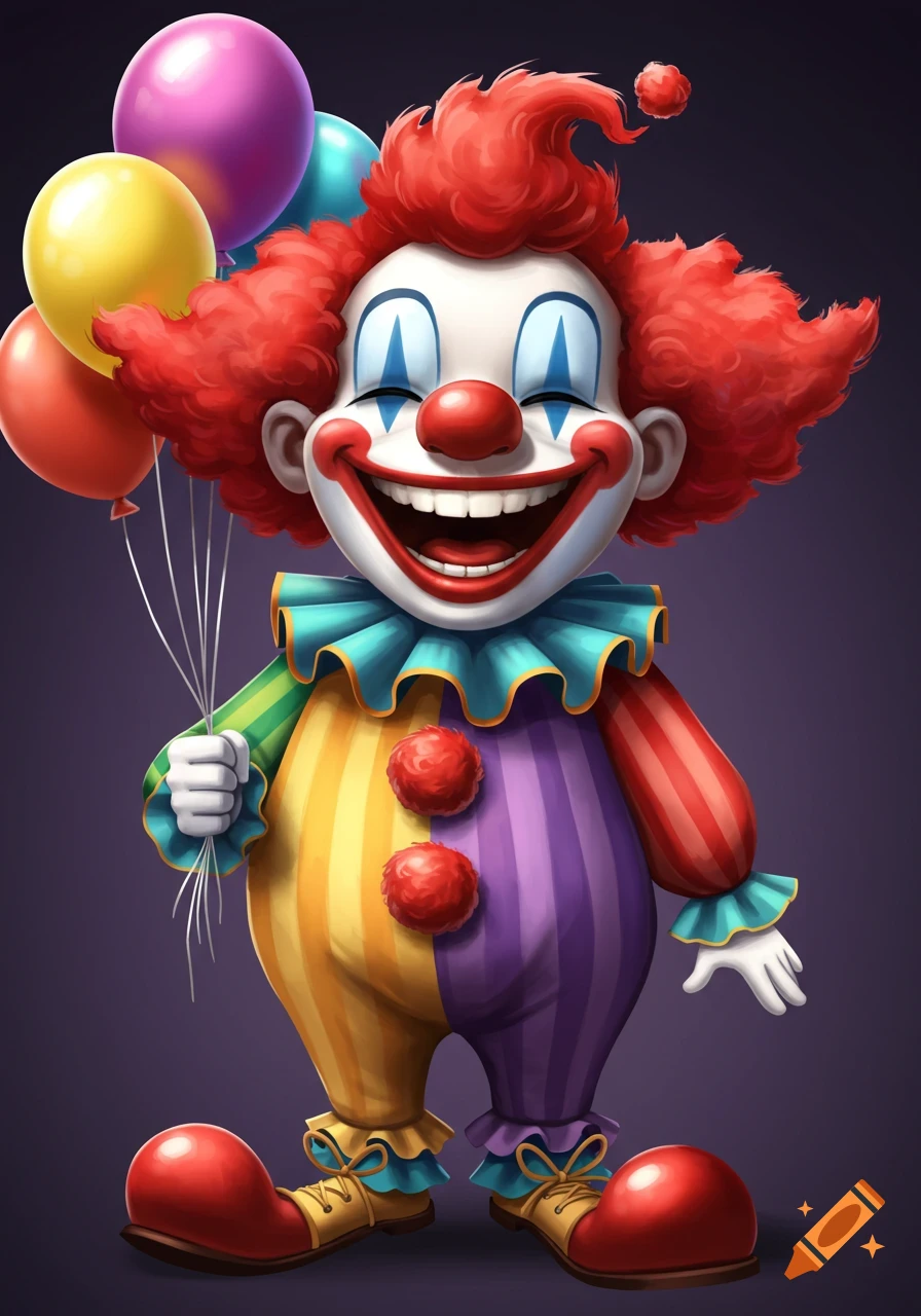 A happy cartoon clown holding colorful balloons.