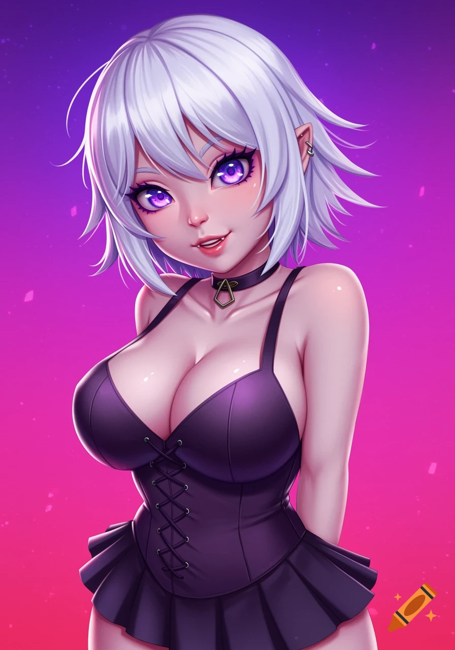 Anime girl with white hair, purple eyes, and a purple dress