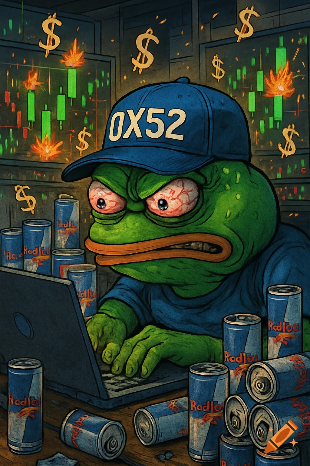 Pepe the Frog in a blue cap types frantically on a laptop, surrounded by charts, dollar signs, and Red Bull cans in a chaotic trading room.