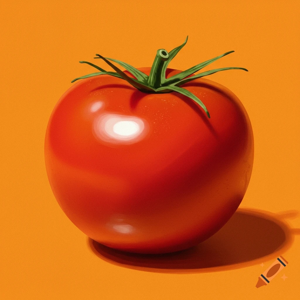 A red tomato is on an orange background.