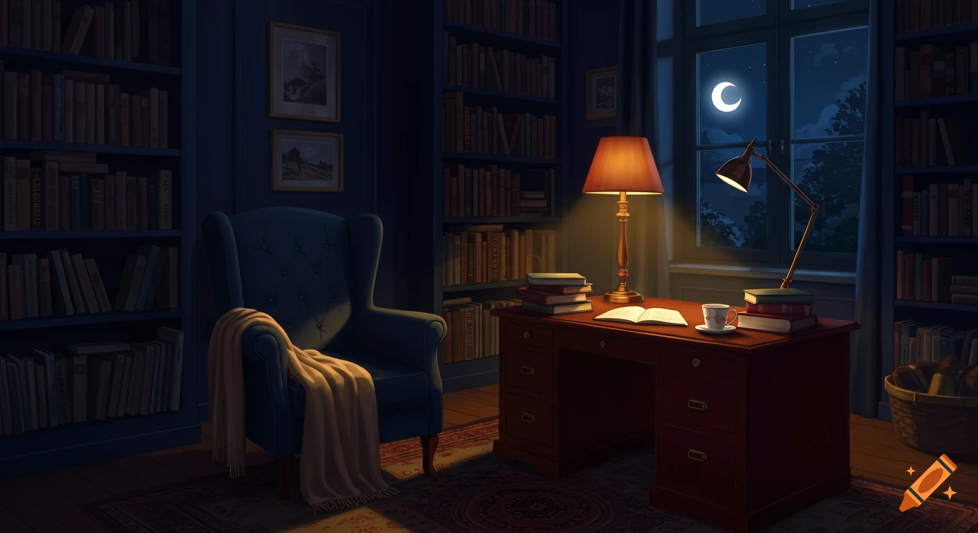 A cozy home library at night with bookshelves, a desk, chair, and lamps.
