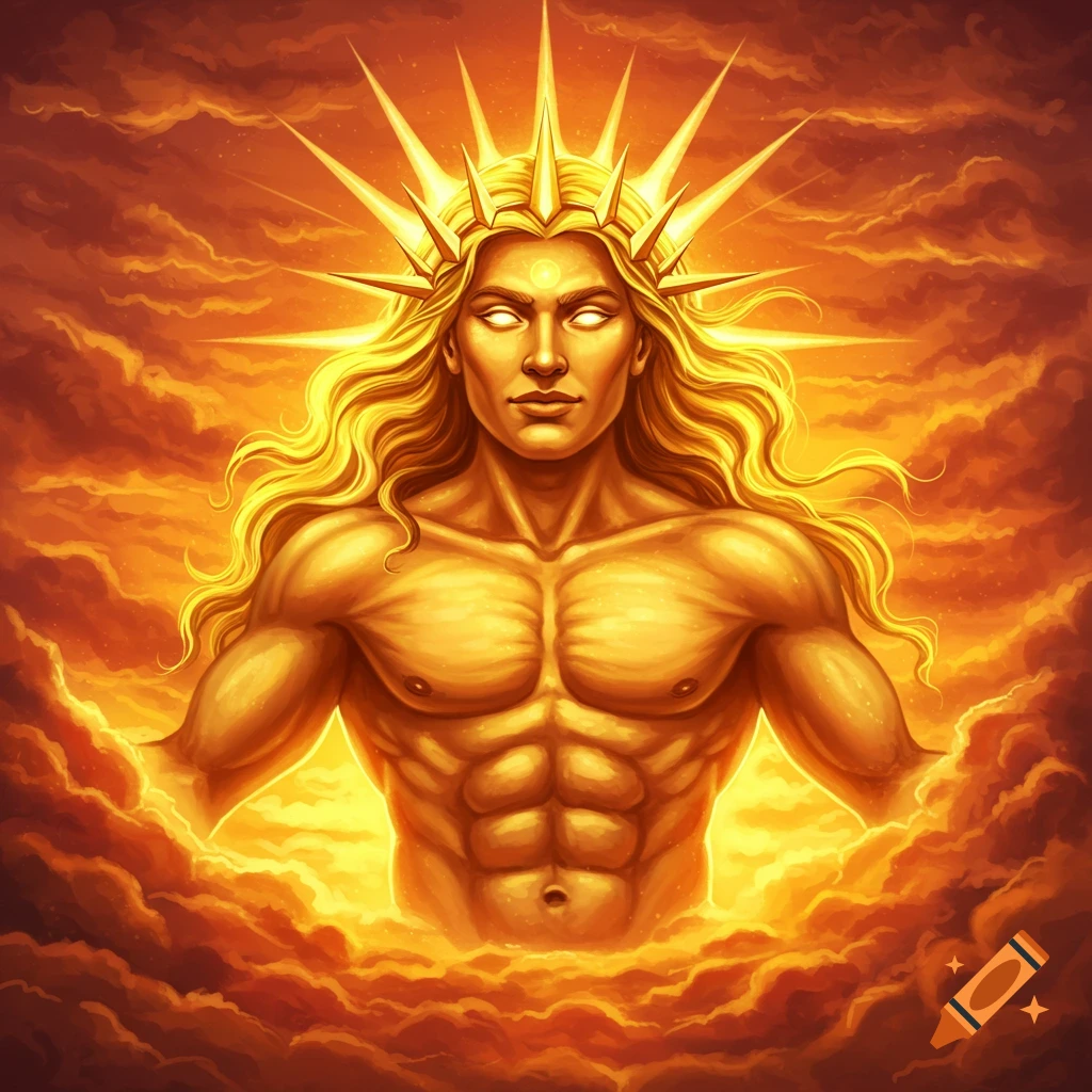 Muscular figure with golden hair and sun crown surrounded by fire and clouds, fantasy art.