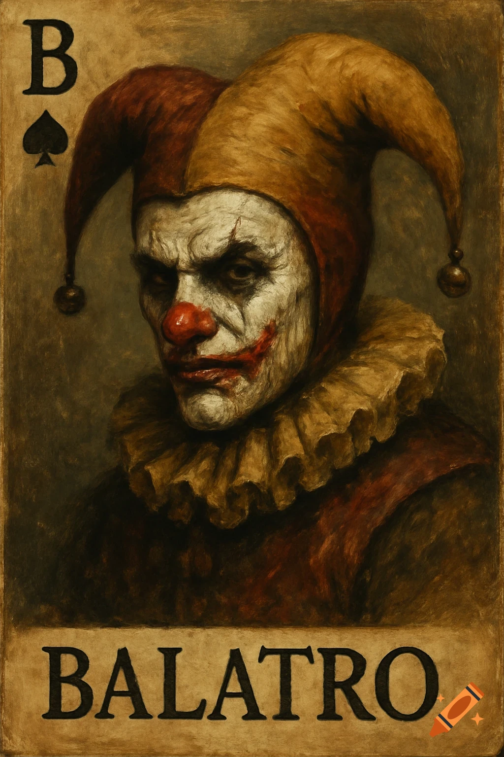 A creepy joker character is on a playing card with the text B and BALATRO.