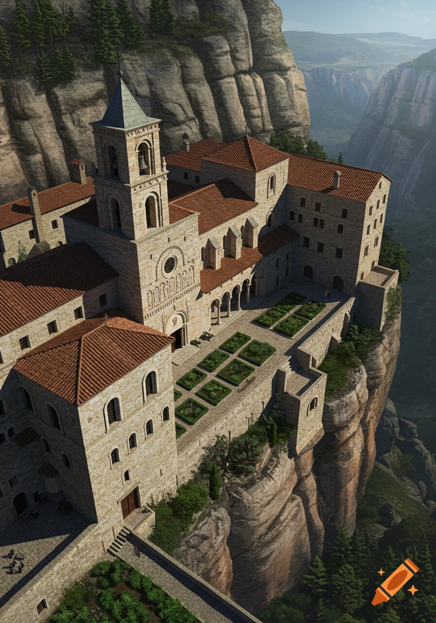 A detailed view of a monastery built on a cliff edge overlooking a deep valley.