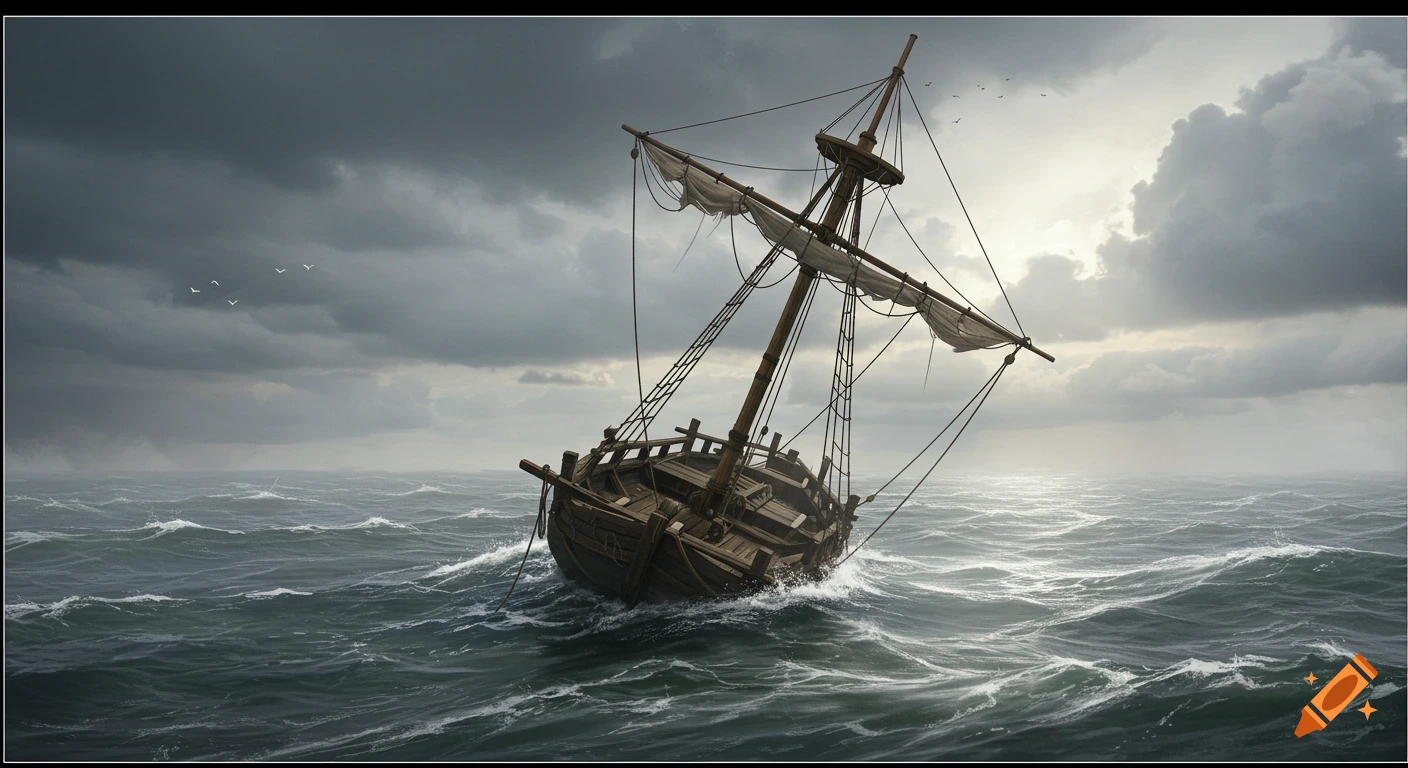 A damaged ship sails through stormy seas under a gloomy sky.