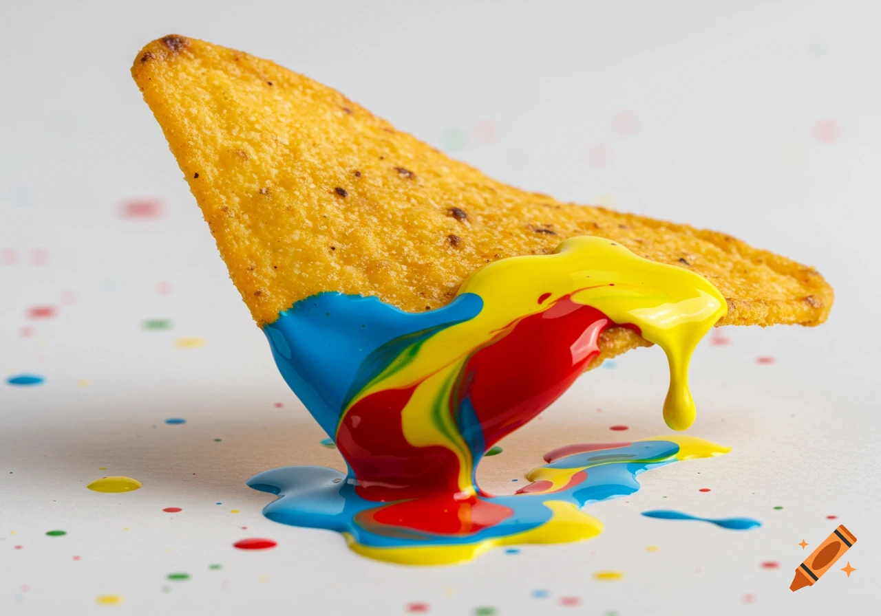 A nacho chip dripping red, blue, and yellow paint onto a white surface. Photorealistic.