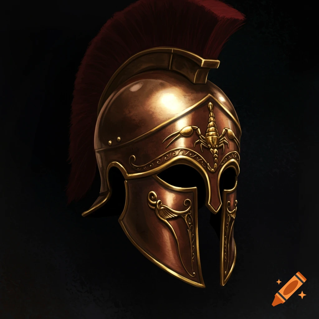 A digital painting of a bronze Praetorian helmet with a scorpion design and red crest.