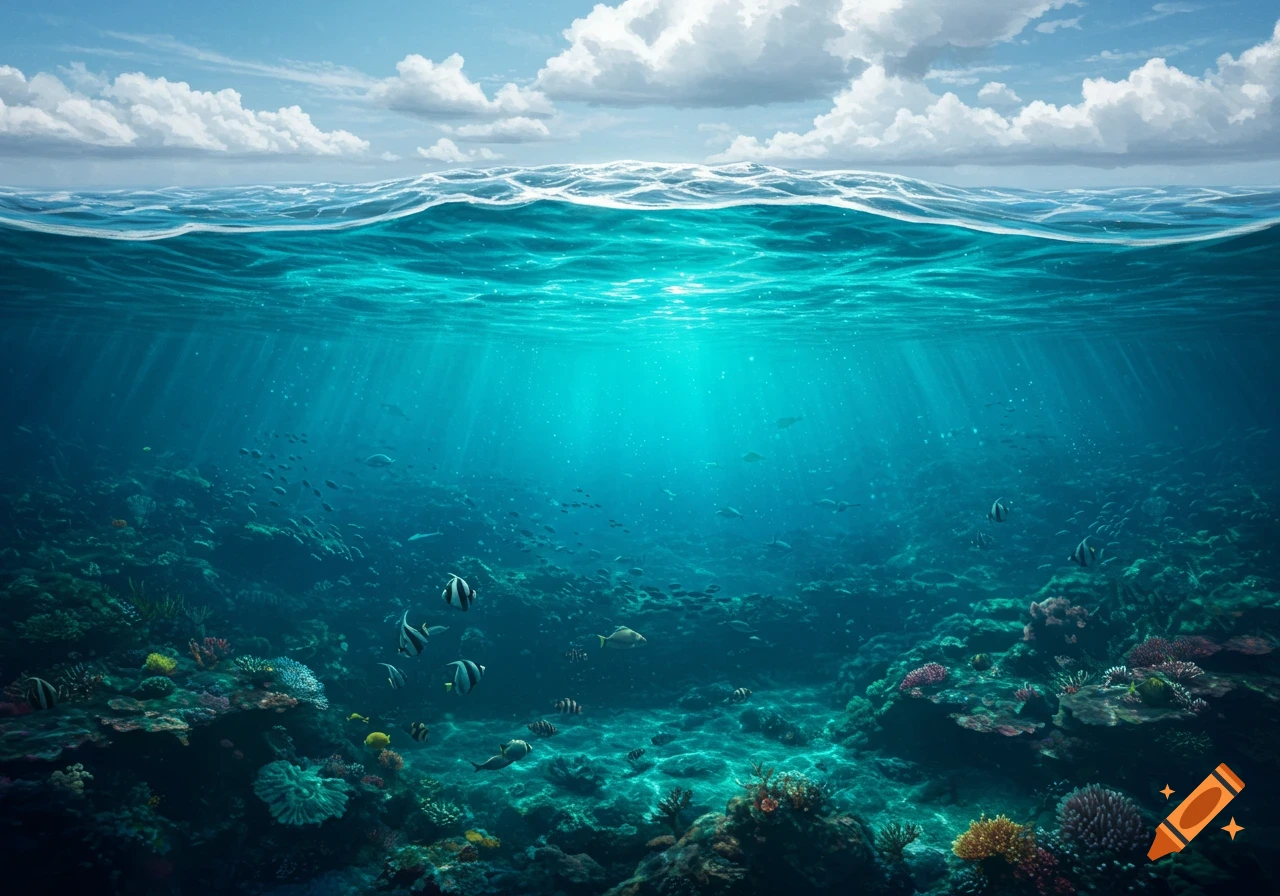 Underwater view of a coral reef with fish and sunlight, looking up at the ocean surface and sky.