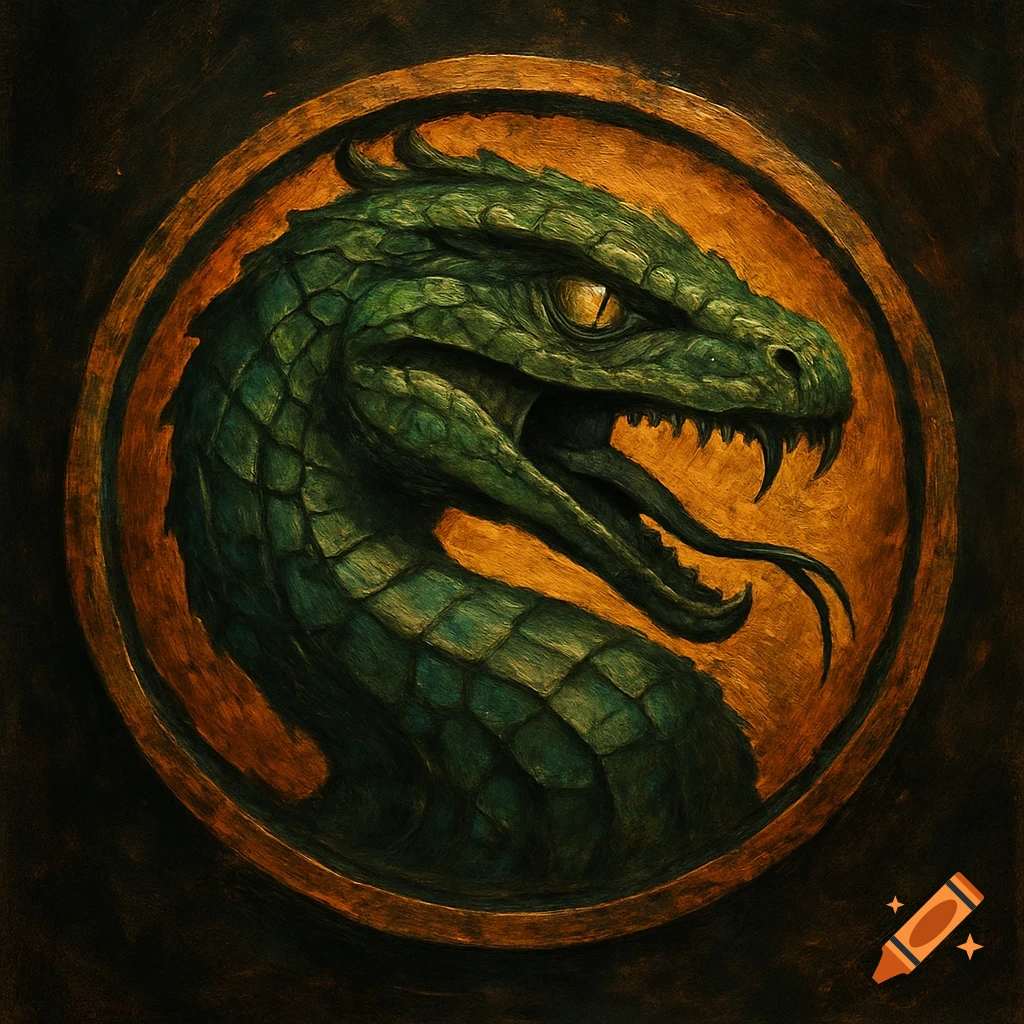 Stylized green dragon head in a gold circle