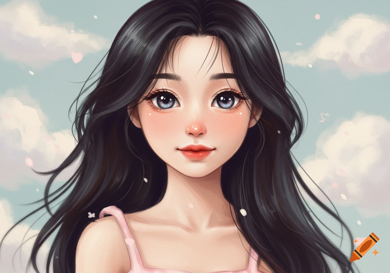 A cute woman with black hair and blue eyes against a cloudy sky.