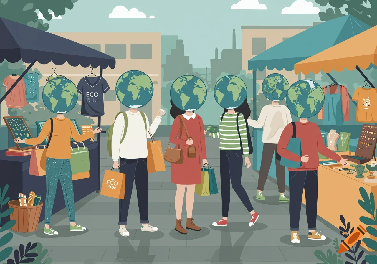 Illustration of people with globe heads shopping at an outdoor market with bags.
