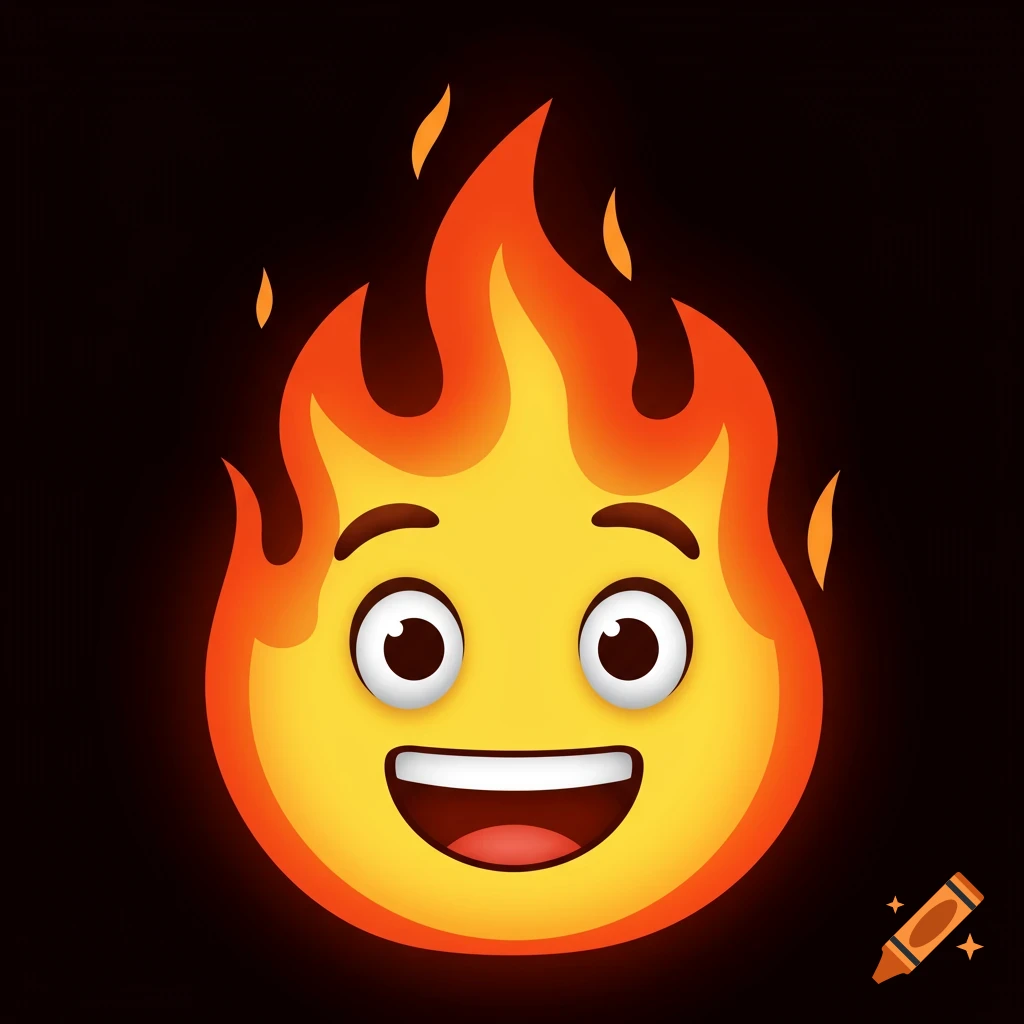 A happy fire emoji with a face on a black background.