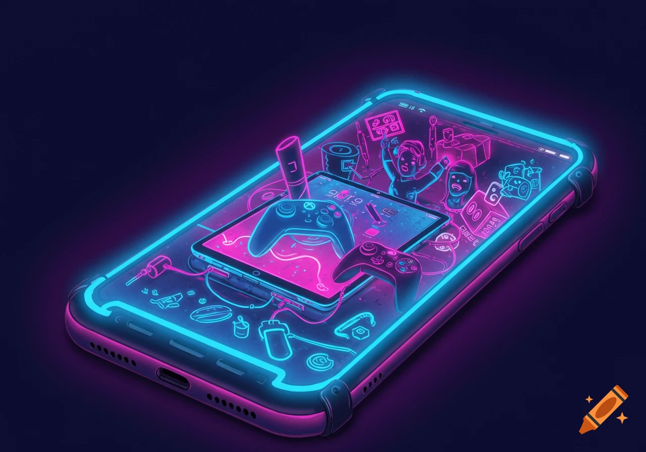 Neon illustration of a phone with gaming controllers and figures on screen