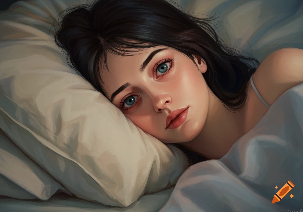 Portrait of a woman with blue eyes open, lying on a pillow in bed.