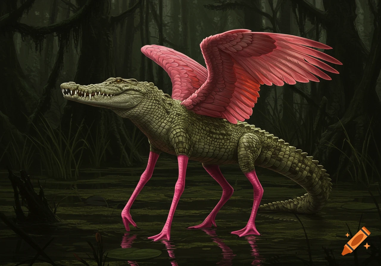 A fantastical creature, a crocodile with long pink legs and wings, stands in a dark swamp.