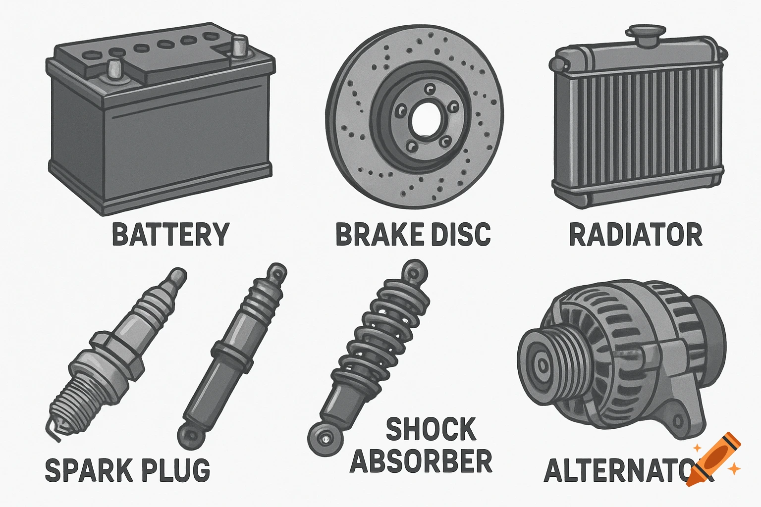 Illustrations of six car parts: battery, brake disc, radiator, spark plug, shock absorber, alternator, each with a label.