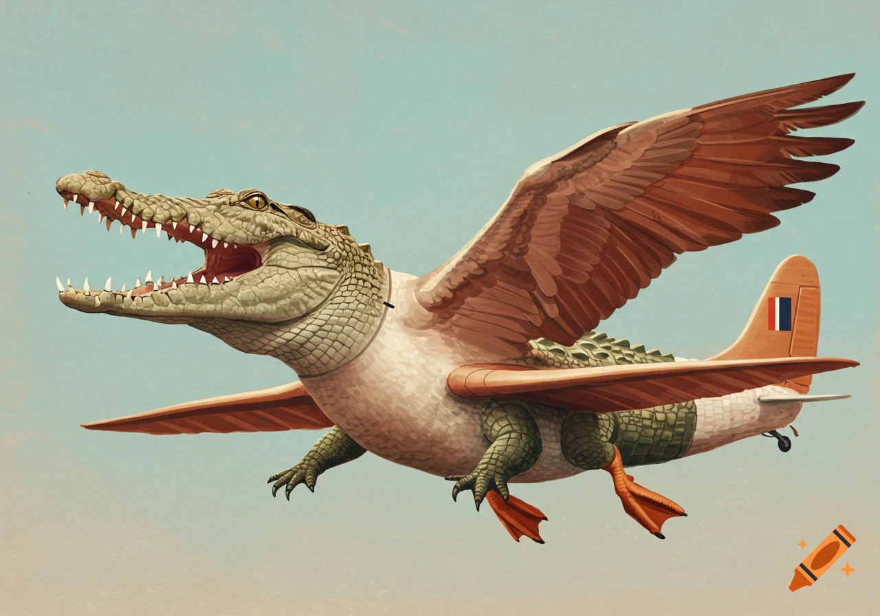 A surreal creature, a hybrid of a crocodile, goose, and plane, flying in the sky.