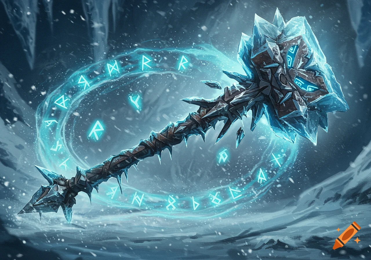 A fantasy battle maul made of ice and metal shards, surrounded by blue glowing runes in an icy landscape.